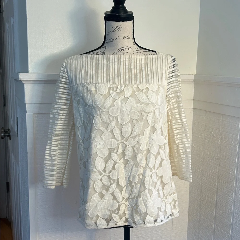 Tory Burch Cream Coquette Lace Detail 3/4 Sleeve Blouse size Women’s Small